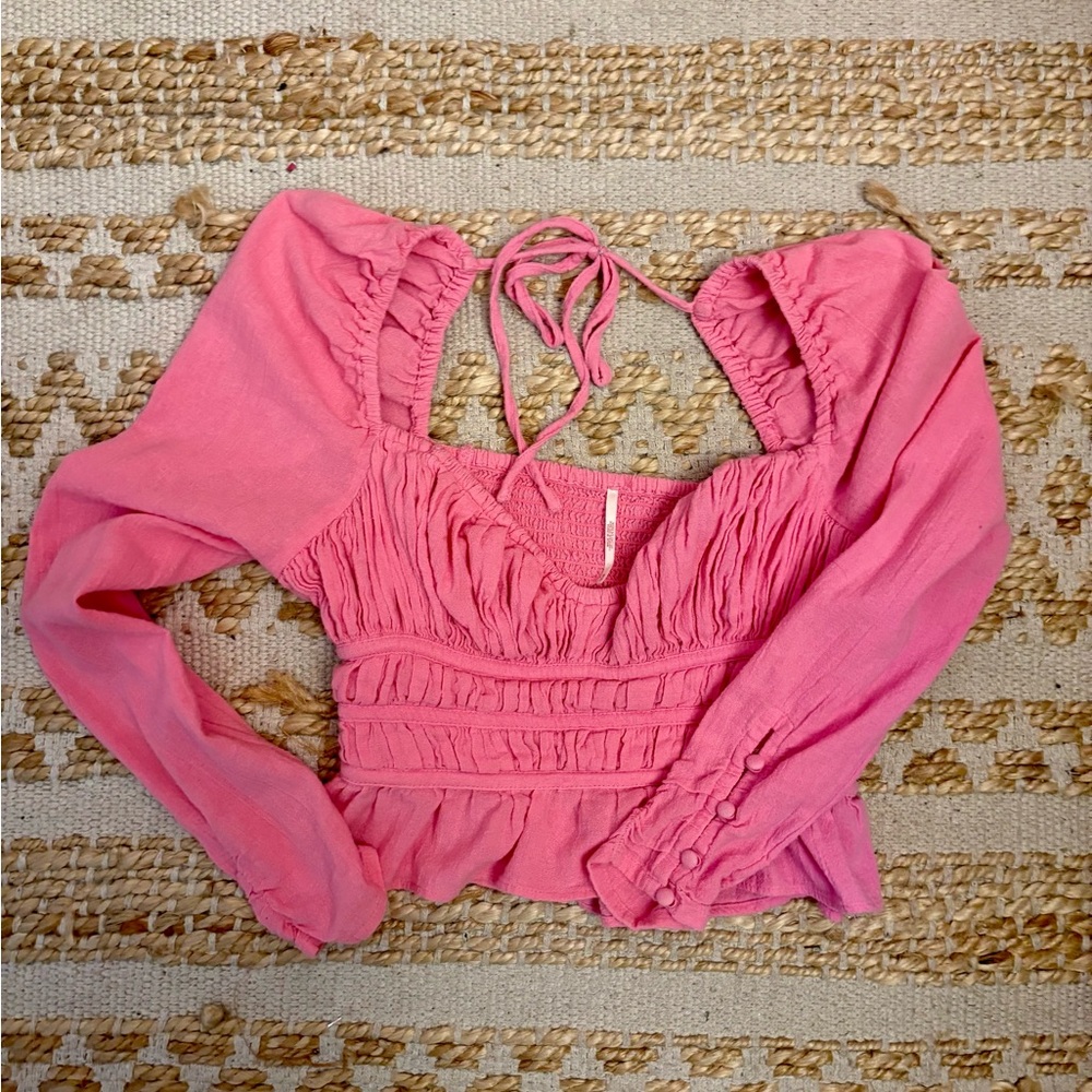 Free People Pink Ruched Peasant Blouse with Puff Sleeves